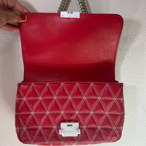 Michael Kors Sloan Quilted Stud red leather white Clutch Shoulder bag chain link - Picture 6 of 13